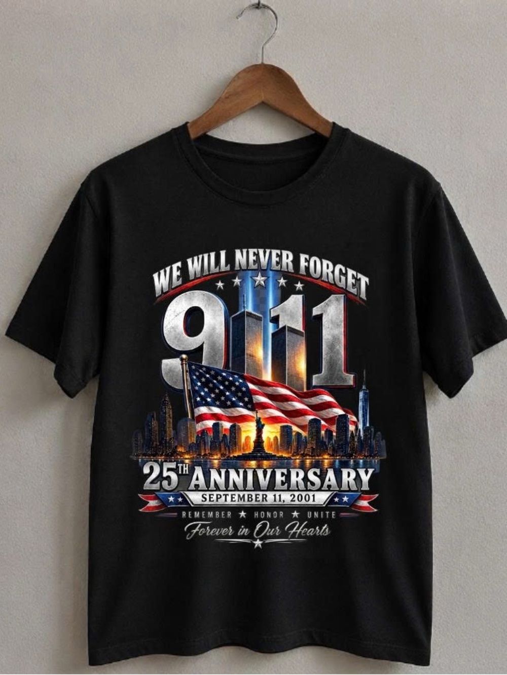 We Will Never Forget 9/11 25th Anniversary Graphic Tee - Black